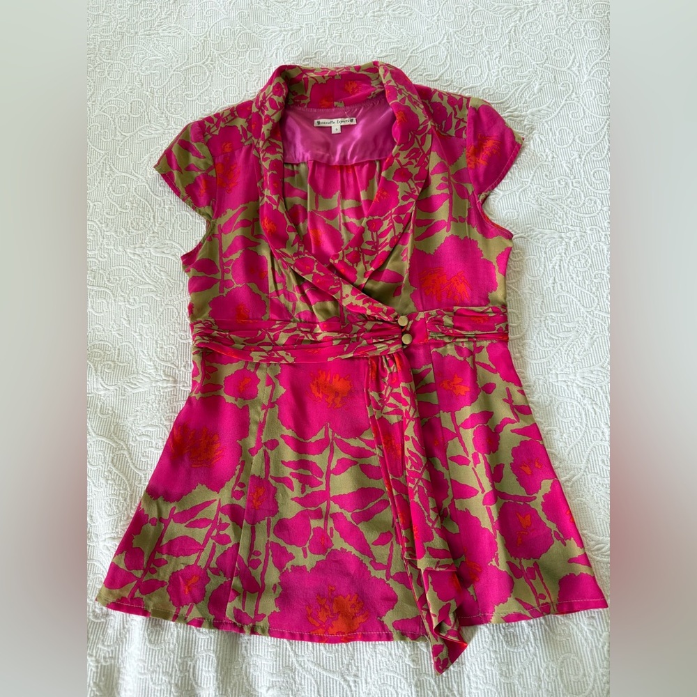 Nanette Lepore Floral Pink and Khaki Wrap Silk Top, Sz 6